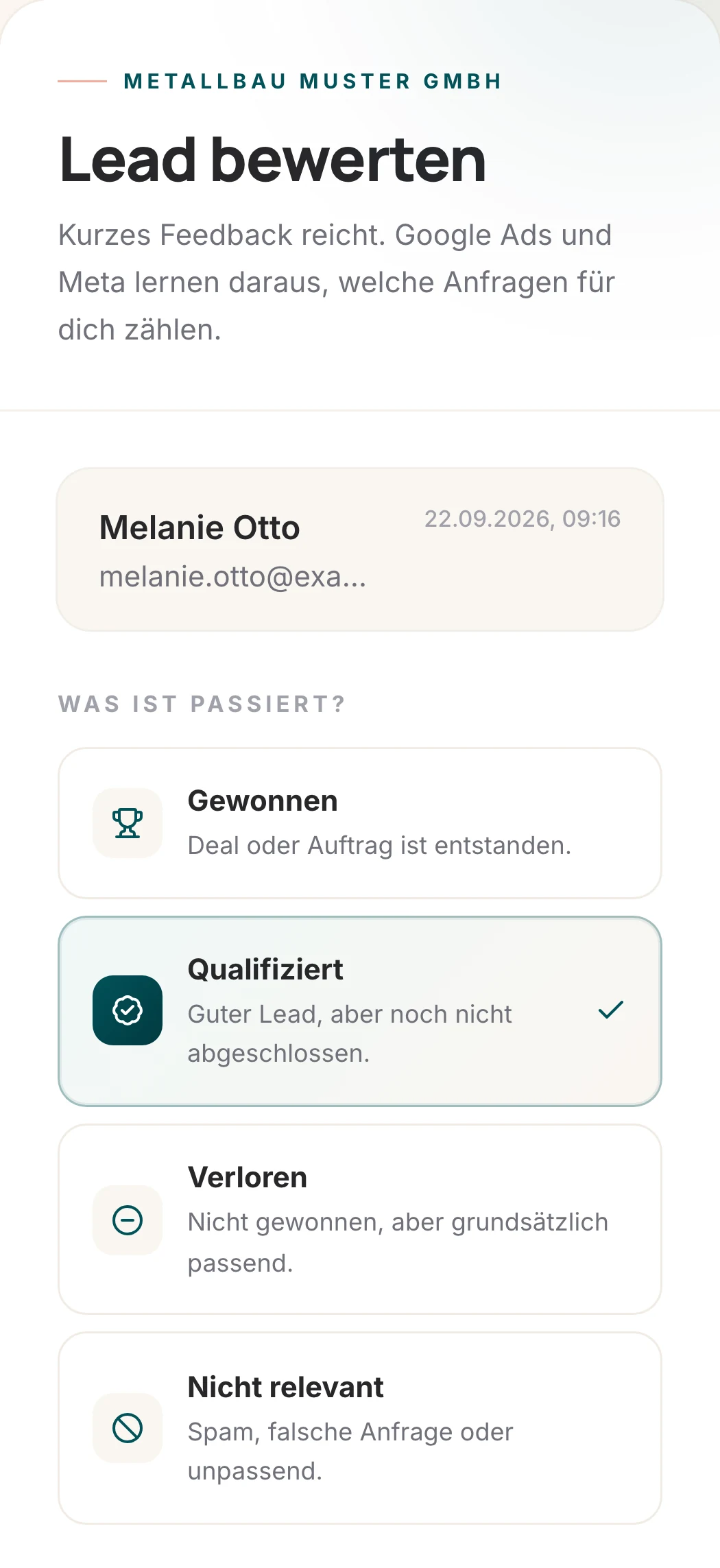 Feedback-Seite, die dein Kunde auf dem Handy sieht